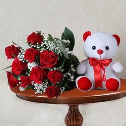 Cute Teddy With Red Roses Bouquet