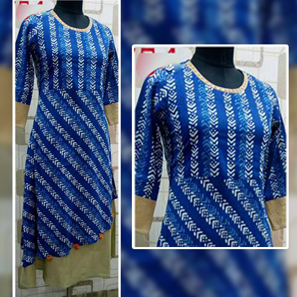 Blue Cotton Kurti with Golden Borders Free Shipping | Indiagift